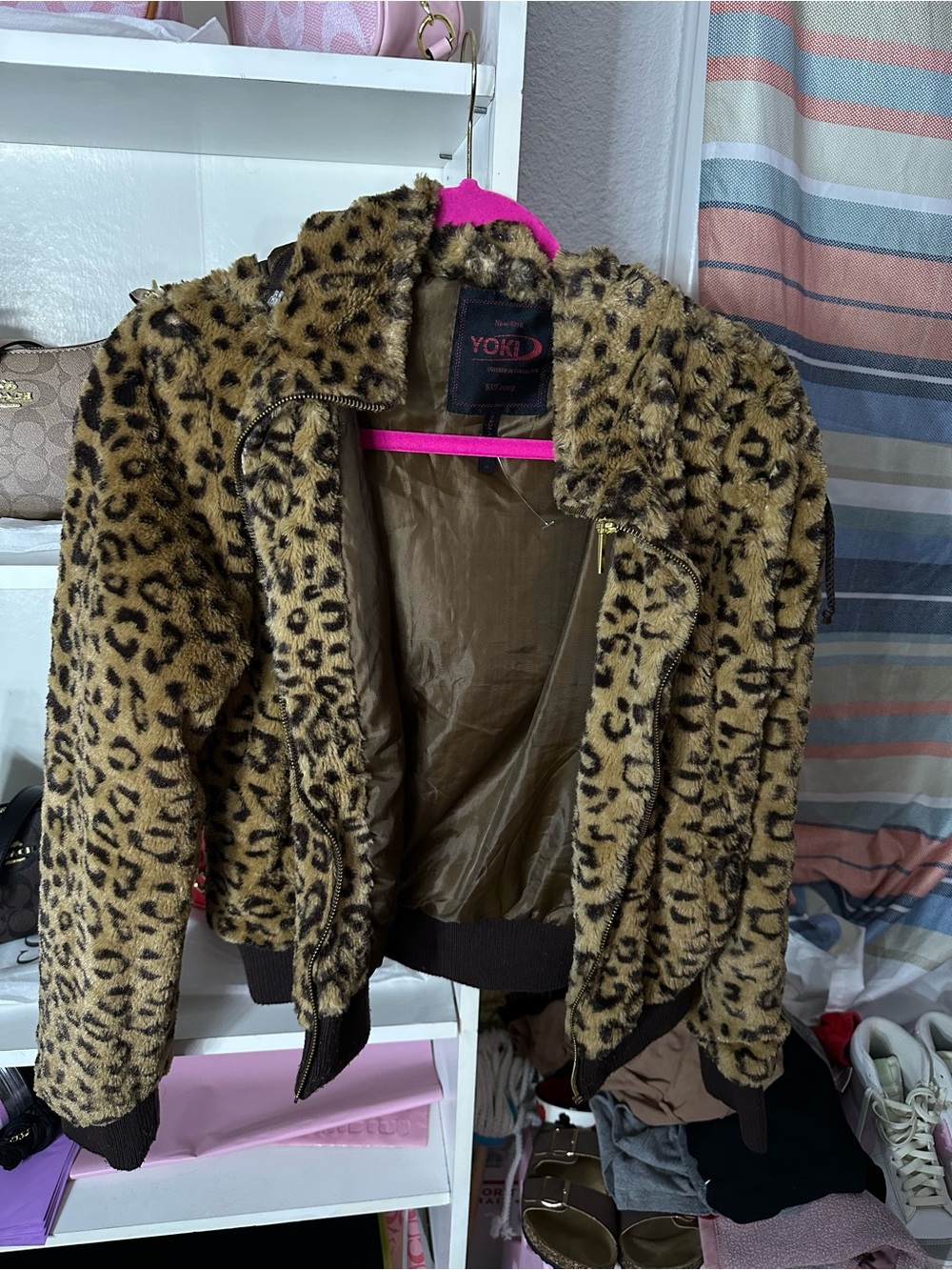 Yoki Leopard Print Faux Fur Bomber Jacket - Brown & Black